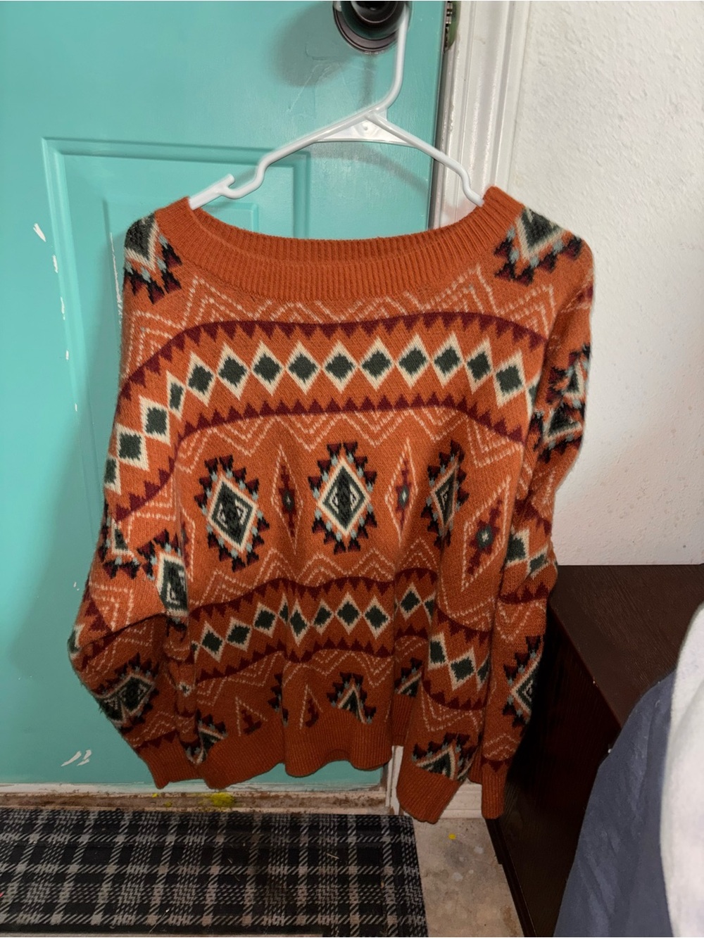 Women's Aztec-Pattern Crewneck Sweater in Rust Orange